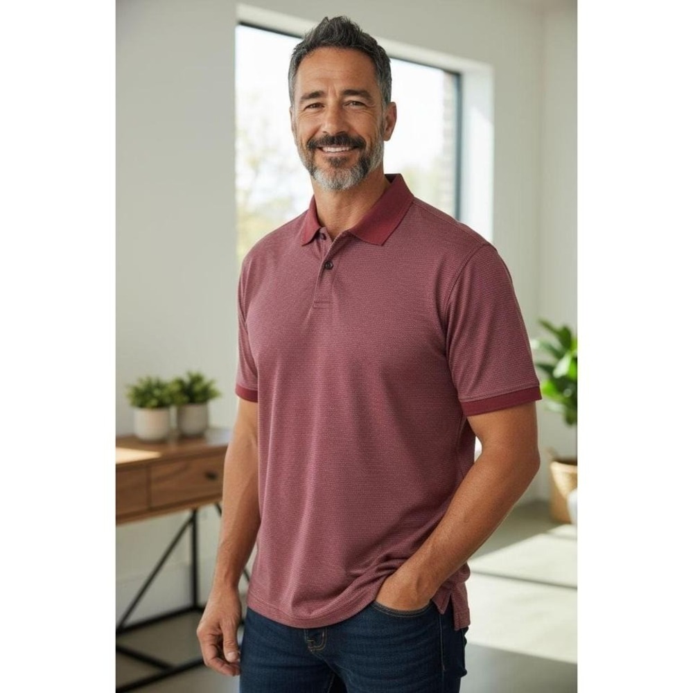 Dockers Premium Golf Men XL Polo Shirt Maroon Micro Stripe 100% Cotton Short Slv